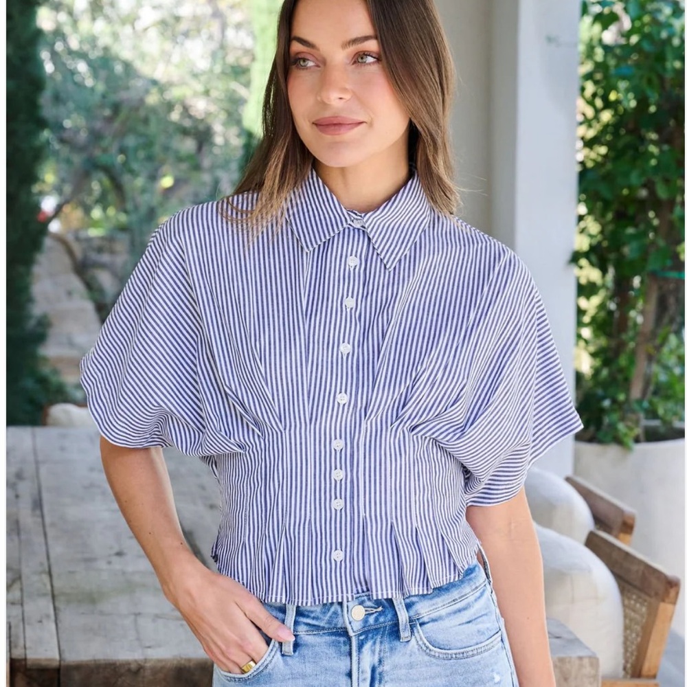 Blue and White Striped Button-Front Crop Shirt